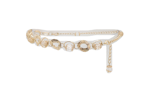 Brand New Women Gold Metal Chain Chunky Links Waistband Fashion Belt Clear Beads Size S M