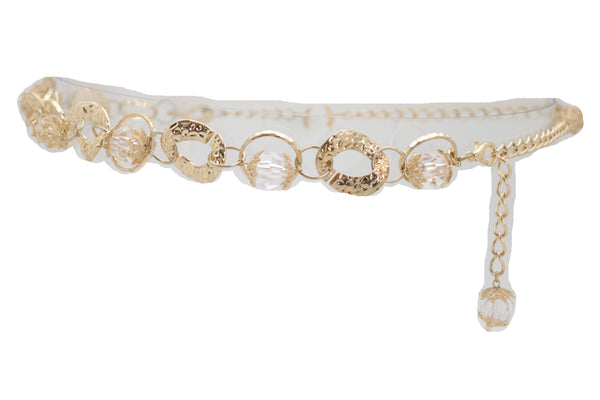 Brand New Women Gold Metal Chain Chunky Links Waistband Fashion Belt Clear Beads Size S M