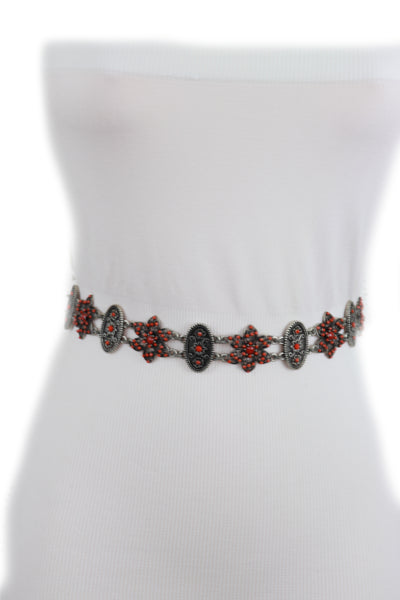 Brand New Women Silver Metal Beige Tie Wrap Round Bohemian Belt Red Flower S M