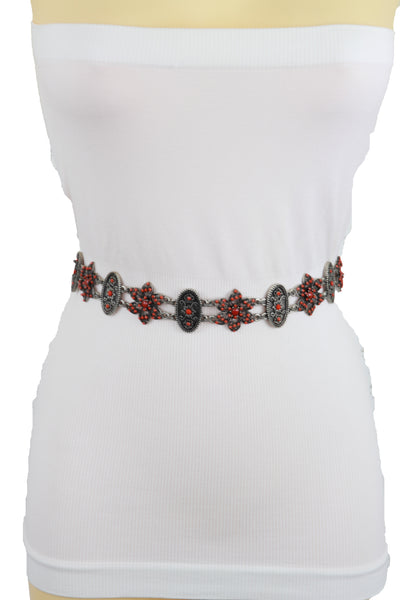 Brand New Women Silver Metal Beige Tie Wrap Round Bohemian Belt Red Flower S M
