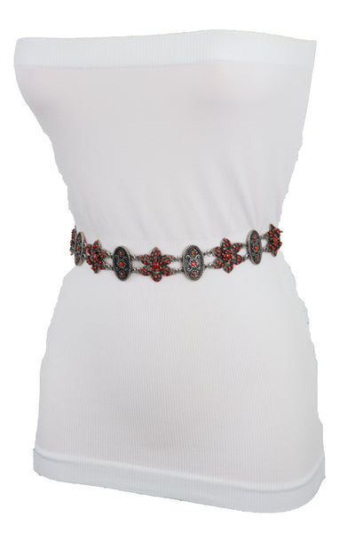 Brand New Women Silver Metal Beige Tie Wrap Round Bohemian Belt Red Flower S M