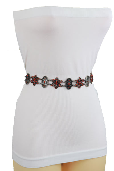 Brand New Women Silver Metal Beige Tie Wrap Round Bohemian Belt Red Flower S M