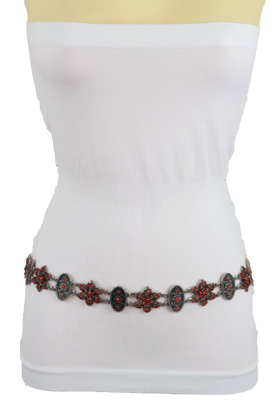 Brand New Women Silver Metal Beige Tie Wrap Round Bohemian Belt Red Flower S M