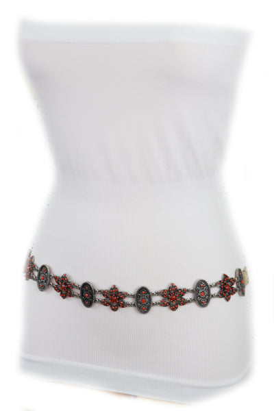 Brand New Women Silver Metal Beige Tie Wrap Round Bohemian Belt Red Flower S M