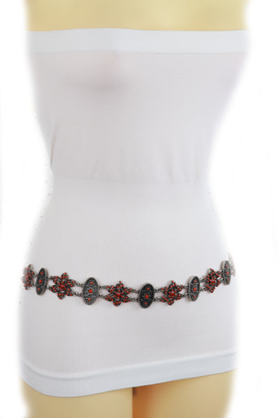 Brand New Women Silver Metal Beige Tie Wrap Round Bohemian Belt Red Flower S M