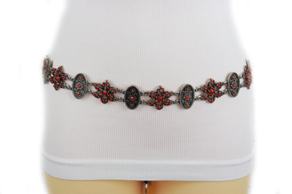 Brand New Women Silver Metal Beige Tie Wrap Round Bohemian Belt Red Flower S M