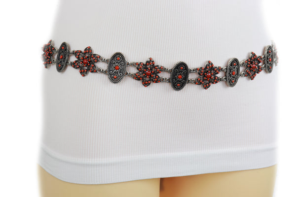 Brand New Women Silver Metal Beige Tie Wrap Round Bohemian Belt Red Flower S M