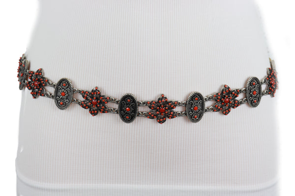 Brand New Women Silver Metal Beige Tie Wrap Round Bohemian Belt Red Flower S M