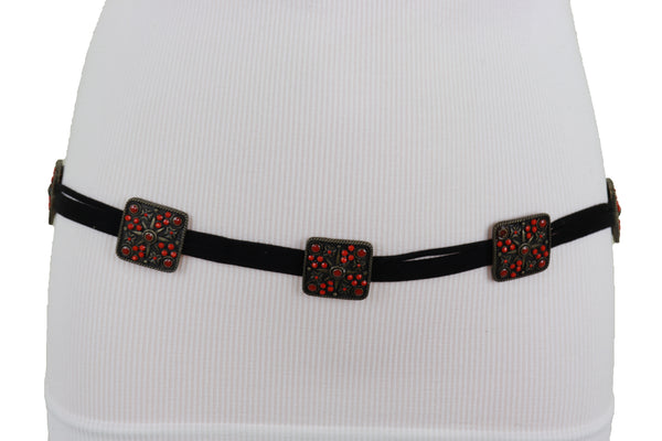 Brand New Women Silver Metal Square Charms Black Tie Belt Red Beads Flower S M