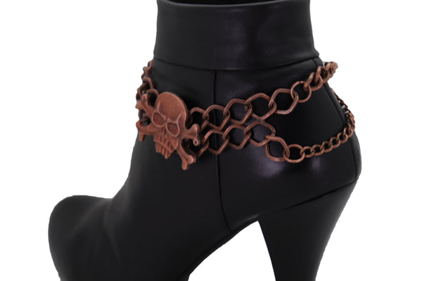 Brand New Women Bronze Metal Boot Mesh Braided Chain Bracelet Anklet Skeleton Skull Charm