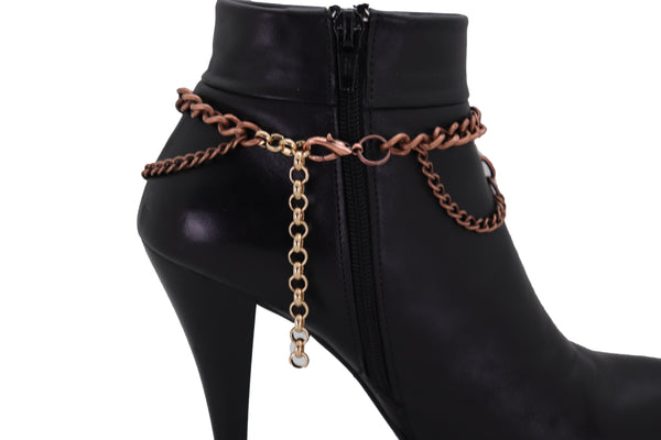 Brand New Women Bronze Metal Boot Mesh Braided Chain Bracelet Anklet Skeleton Skull Charm