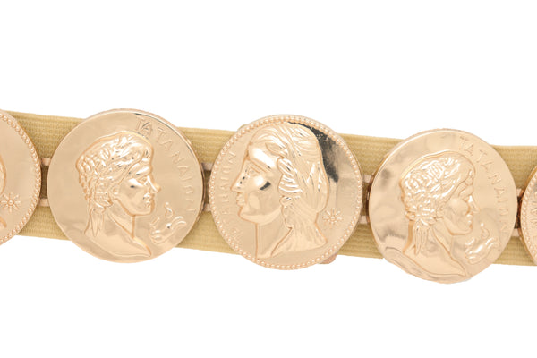 Brand New Women Gold Elastic Strap Fashion Belt Metal Greek Coin Medallion Charms Size S M