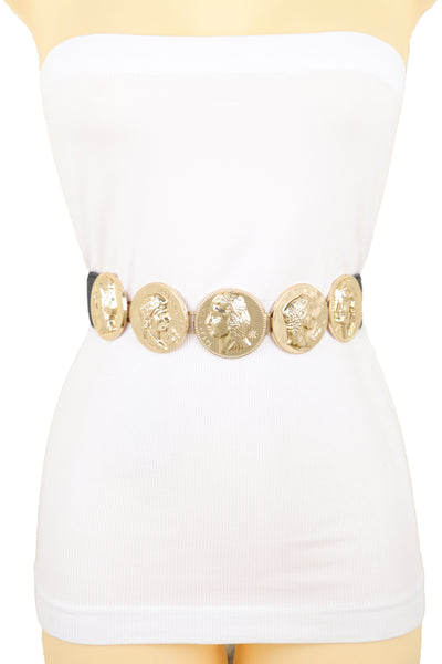 Brand New Women Black Elastic Fashion Belt Gold Metal Greek Medallion Coin Charm Size S M