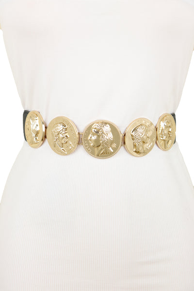 Brand New Women Black Elastic Fashion Belt Gold Metal Greek Medallion Coin Charm Size S M