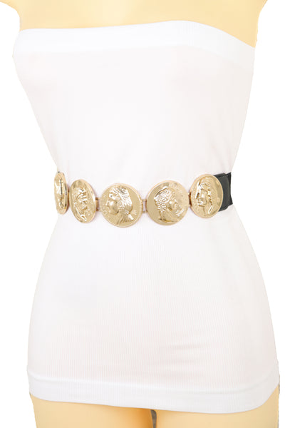 Brand New Women Black Elastic Fashion Belt Gold Metal Greek Medallion Coin Charm Size S M