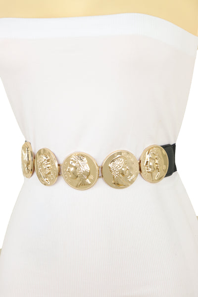 Brand New Women Black Elastic Fashion Belt Gold Metal Greek Medallion Coin Charm Size S M
