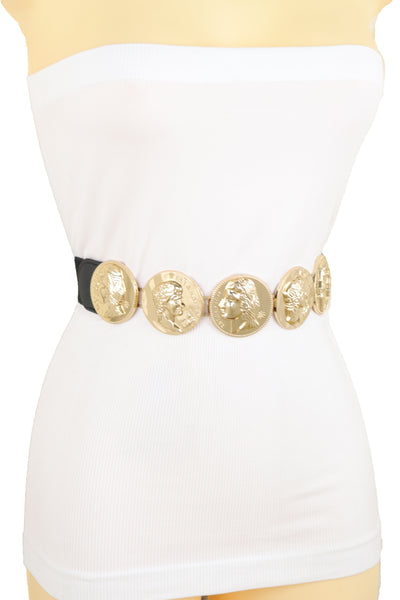 Brand New Women Black Elastic Fashion Belt Gold Metal Greek Medallion Coin Charm Size S M