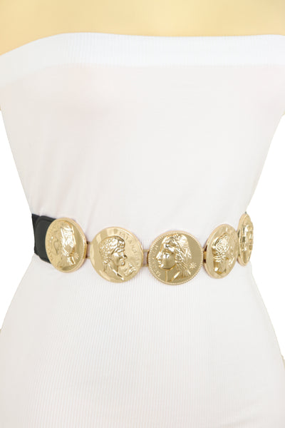 Brand New Women Black Elastic Fashion Belt Gold Metal Greek Medallion Coin Charm Size S M