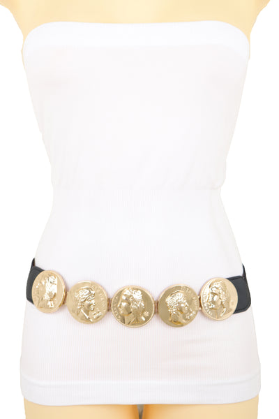 Brand New Women Black Elastic Fashion Belt Gold Metal Greek Medallion Coin Charm Size S M