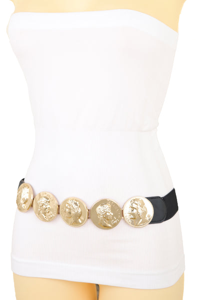 Brand New Women Black Elastic Fashion Belt Gold Metal Greek Medallion Coin Charm Size S M