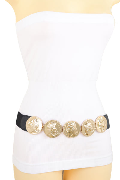 Brand New Women Black Elastic Fashion Belt Gold Metal Greek Medallion Coin Charm Size S M