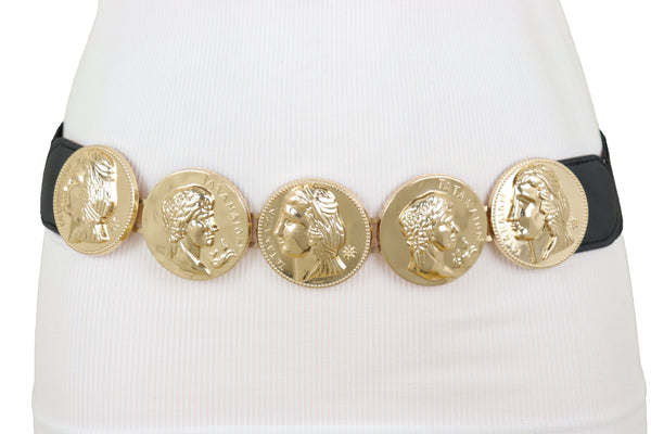 Brand New Women Black Elastic Fashion Belt Gold Metal Greek Medallion Coin Charm Size S M