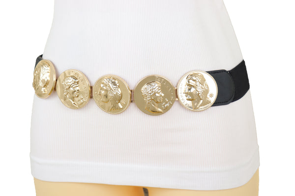 Brand New Women Black Elastic Fashion Belt Gold Metal Greek Medallion Coin Charm Size S M