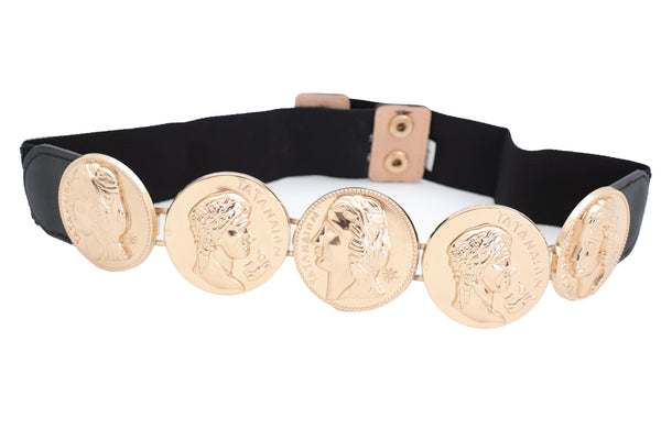Brand New Women Black Elastic Fashion Belt Gold Metal Greek Medallion Coin Charm Size S M