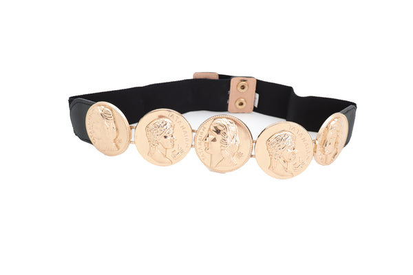 Brand New Women Black Elastic Fashion Belt Gold Metal Greek Medallion Coin Charm Size S M