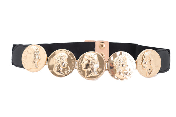 Brand New Women Black Elastic Fashion Belt Gold Metal Greek Medallion Coin Charm Size S M