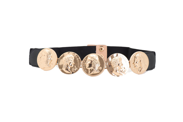 Brand New Women Black Elastic Fashion Belt Gold Metal Greek Medallion Coin Charm Size S M