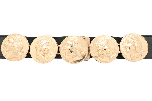 Brand New Women Black Elastic Fashion Belt Gold Metal Greek Medallion Coin Charm Size S M