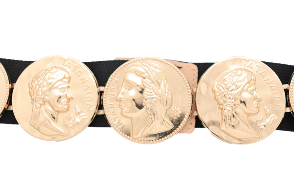 Brand New Women Black Elastic Fashion Belt Gold Metal Greek Medallion Coin Charm Size S M