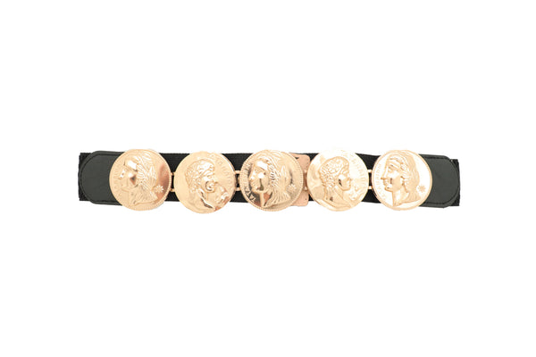 Brand New Women Black Elastic Fashion Belt Gold Metal Greek Medallion Coin Charm Size S M