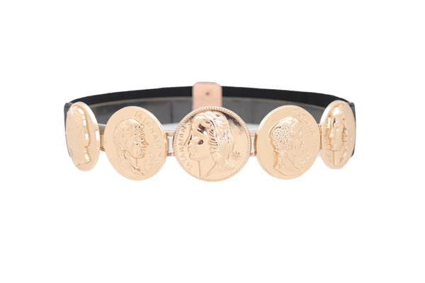 Brand New Women Black Elastic Fashion Belt Gold Metal Greek Medallion Coin Charm Size S M