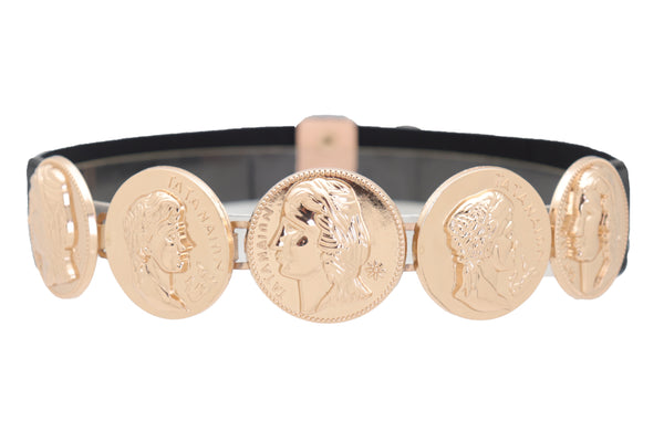 Brand New Women Black Elastic Fashion Belt Gold Metal Greek Medallion Coin Charm Size S M