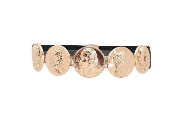 Brand New Women Black Elastic Fashion Belt Gold Metal Greek Medallion Coin Charm Size S M