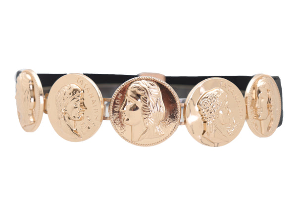 Brand New Women Black Elastic Fashion Belt Gold Metal Greek Medallion Coin Charm Size S M