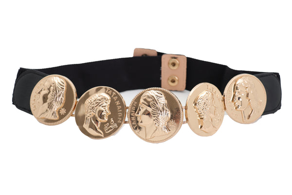 Brand New Women Black Elastic Fashion Belt Gold Metal Greek Medallion Coin Charm Size S M