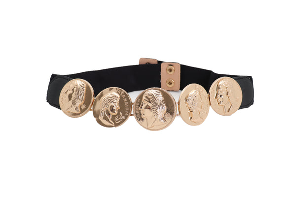 Brand New Women Black Elastic Fashion Belt Gold Metal Greek Medallion Coin Charm Size S M