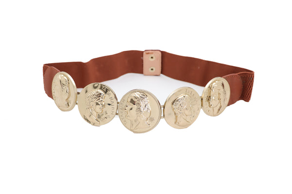Brand New Women Brown Elastic Band Belt Gold Metal Greek Coin Medallion Charm Fit Size S M