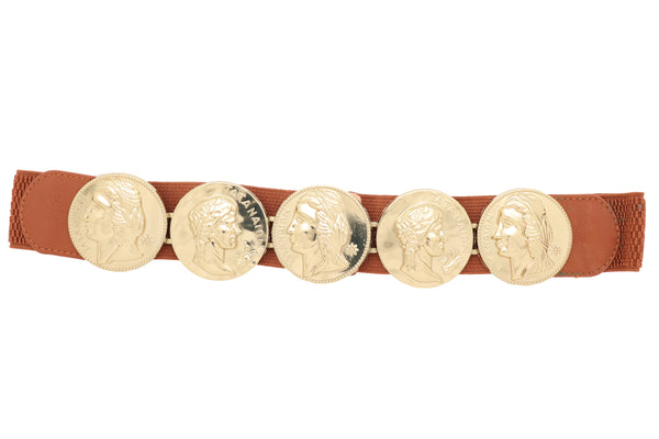 Brand New Women Brown Elastic Band Belt Gold Metal Greek Coin Medallion Charm Fit Size S M