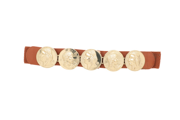 Brand New Women Brown Elastic Band Belt Gold Metal Greek Coin Medallion Charm Fit Size S M