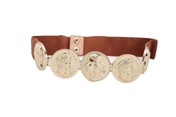 Brand New Women Brown Elastic Band Belt Gold Metal Greek Coin Medallion Charm Fit Size S M