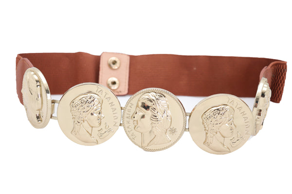 Brand New Women Brown Elastic Band Belt Gold Metal Greek Coin Medallion Charm Fit Size S M