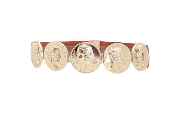 Brand New Women Brown Elastic Band Belt Gold Metal Greek Coin Medallion Charm Fit Size S M
