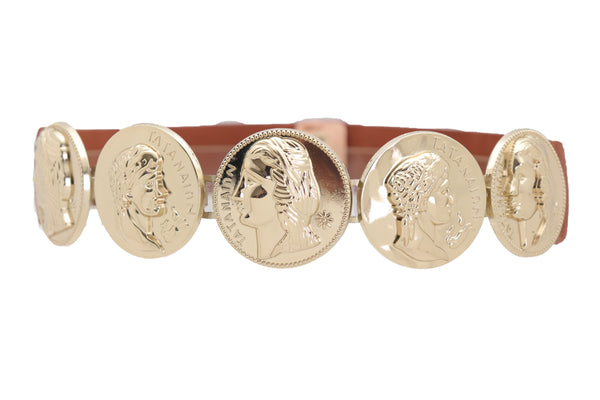 Brand New Women Brown Elastic Band Belt Gold Metal Greek Coin Medallion Charm Fit Size S M