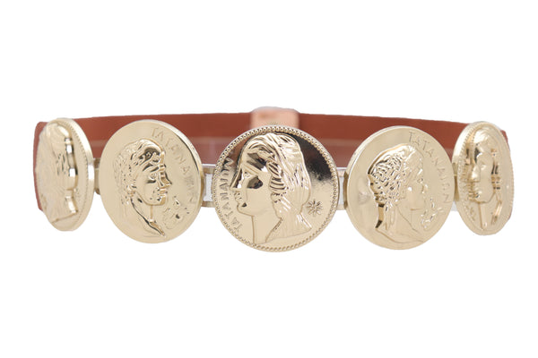 Brand New Women Brown Elastic Band Belt Gold Metal Greek Coin Medallion Charm Fit Size S M