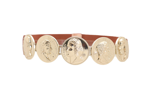 Brand New Women Brown Elastic Band Belt Gold Metal Greek Coin Medallion Charm Fit Size S M
