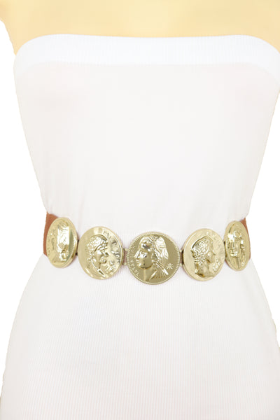 Brand New Women Brown Elastic Band Belt Gold Metal Greek Coin Medallion Charm Fit Size S M